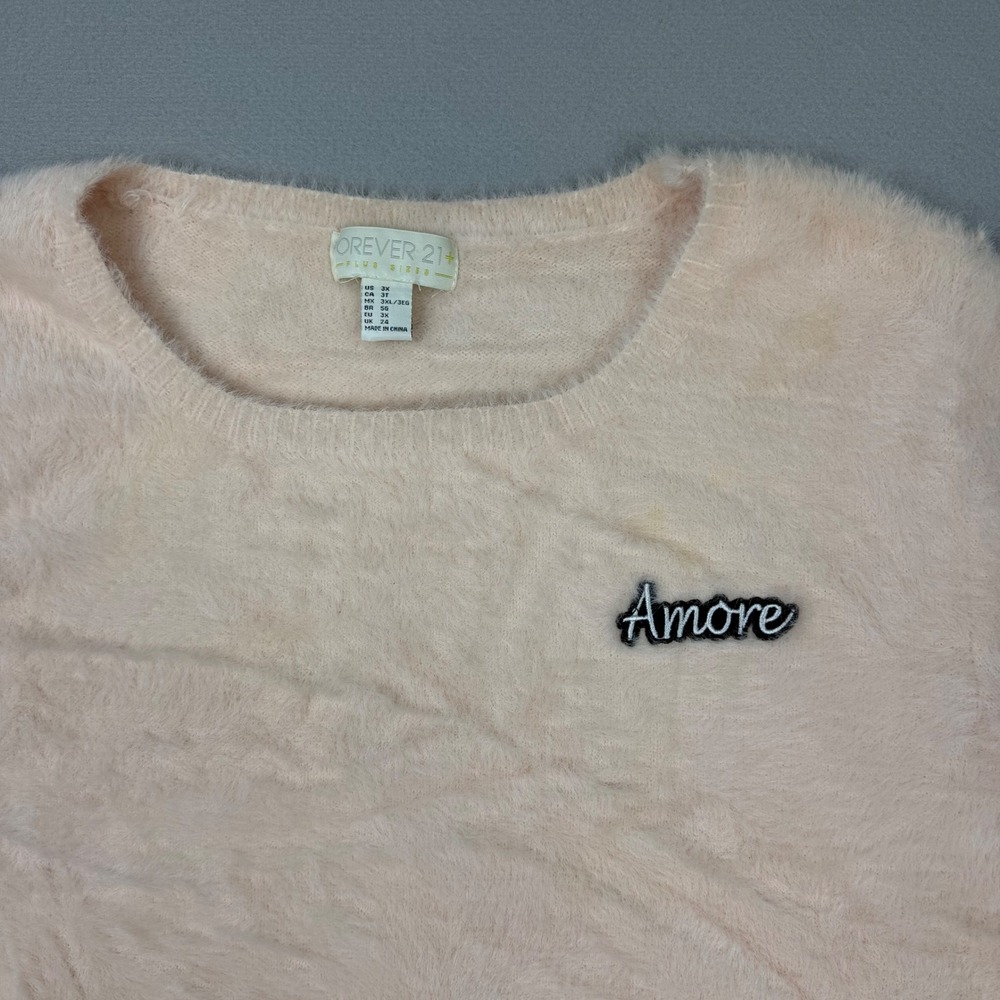 Forever‎ 21 Women's 3X Pink Fuzzy Faux Fur Eyelash Knit Sweater Amore Embroidery - Picture 3 of 10